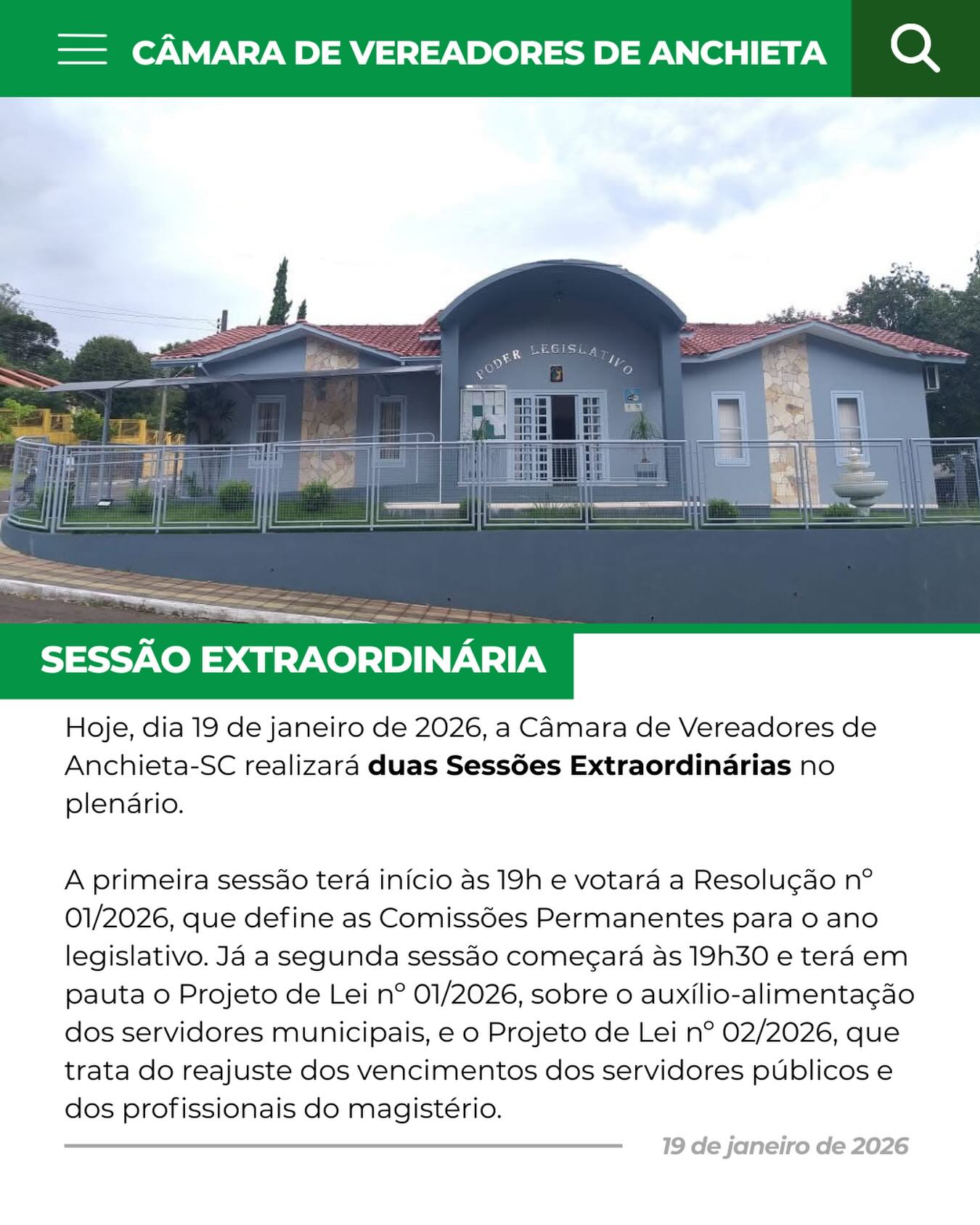 📢 Câmara de Vereadores de Anchieta realiza duas Sessões Extraordinárias