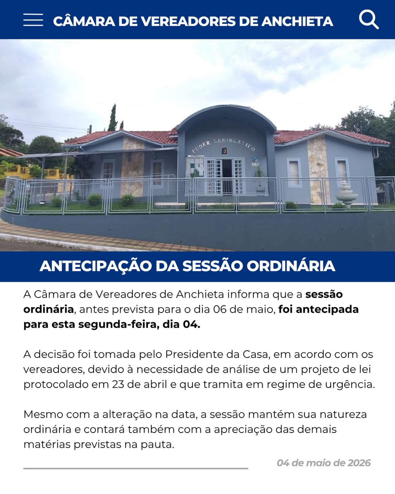 Antecipação de Sessão Ordinária 
