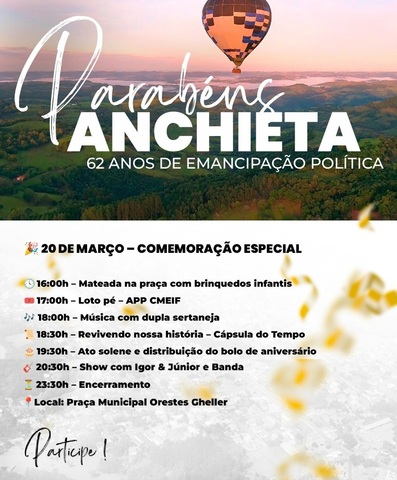 Anchieta celebra 62 anos com programação especial na Praça Municipal